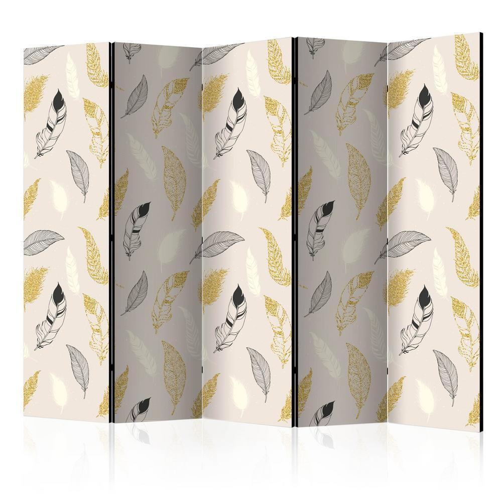 Room Divider - Golden Feathers II- A 5 Panel Folding Screen For Living rooms, bedrooms or home office, decorative folding screen made with wood and canvas