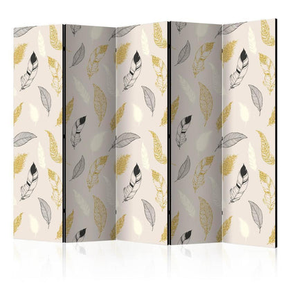 Room Divider - Golden Feathers II- A 5 Panel Folding Screen For Living rooms, bedrooms or home office, decorative folding screen made with wood and canvas