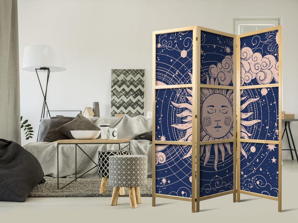 Japanese Room Divider - Cosmic Harmony - Illustration of the Sun and Moon on a Navy Background