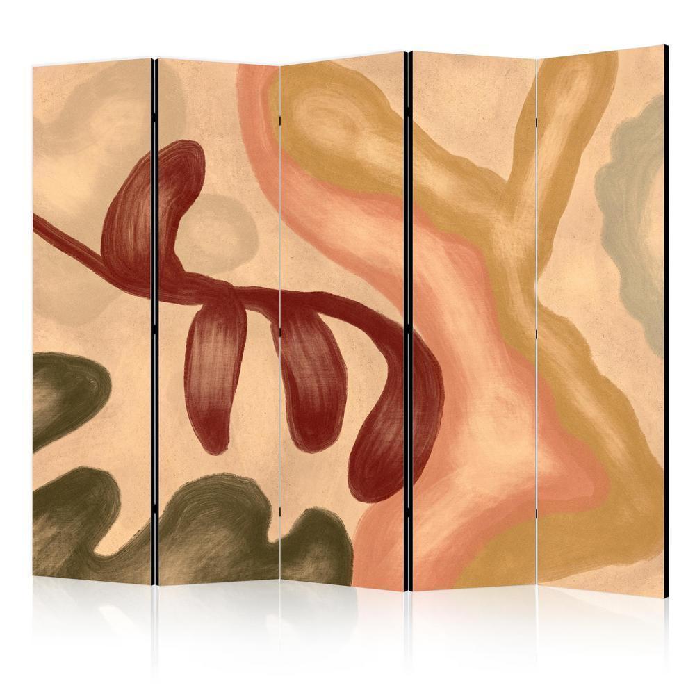 Room Divider - Worn Figures - Shapes in Lime Wash Technique in Warm Colors- A 5 Panel Folding Screen For Living rooms, bedrooms or home office, decorative folding screen made with wood and canvas