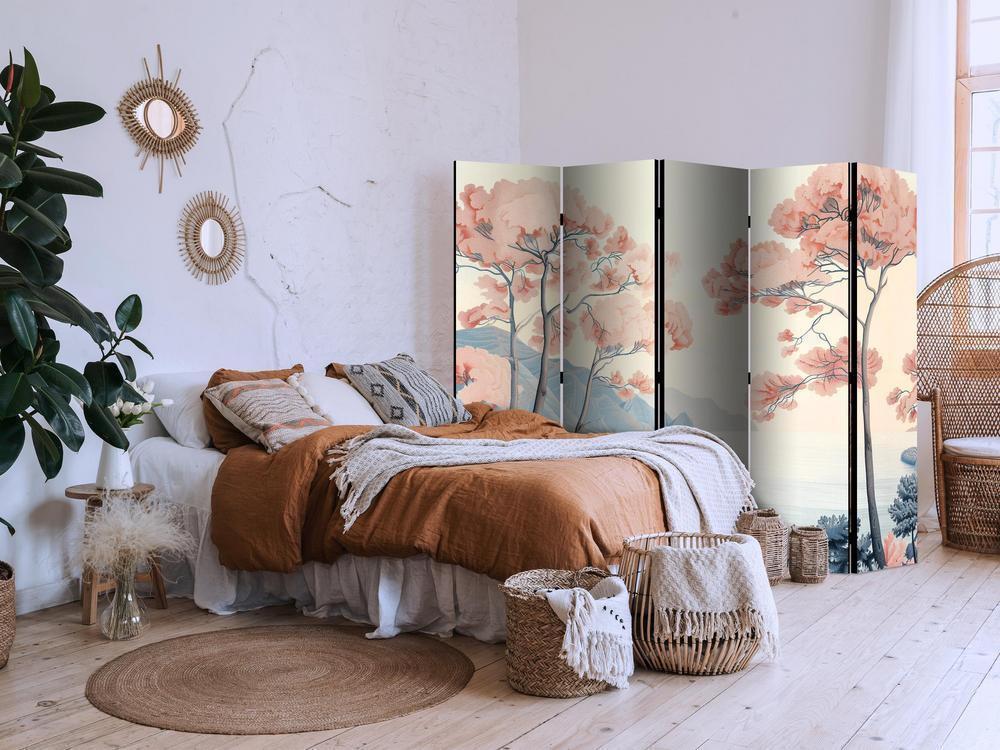 Room Divider - Landscape with the Ocean - Cliffs - and Trees in Delicate Pink Shades- A 5 Panel Folding Screen For Living rooms, bedrooms or home office, decorative folding screen made with wood and canvas