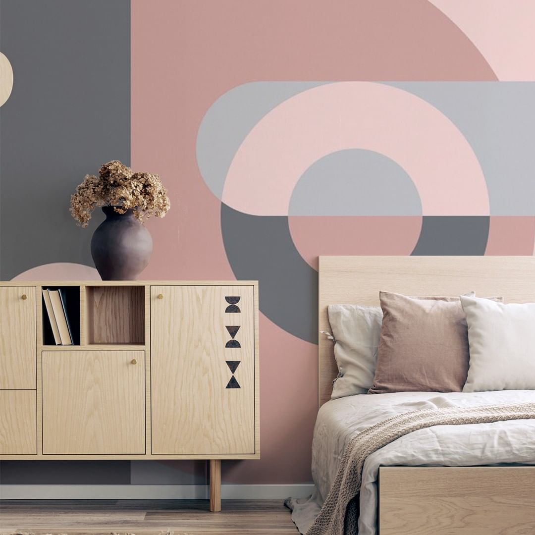an abstract wall mural in the bedroom, beautiful shades of pink, gray and purple mural