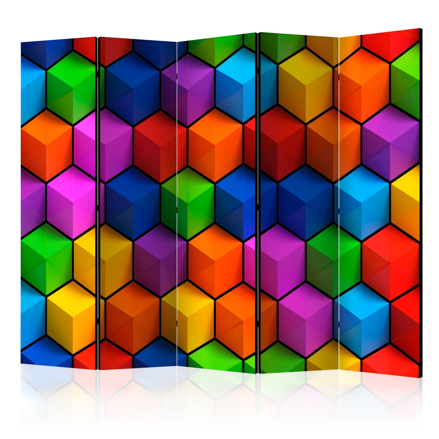 Room Divider - Colorful Geometric Boxes II- A 5 Panel Folding Screen For Living rooms, bedrooms or home office, decorative folding screen made with wood and canvas