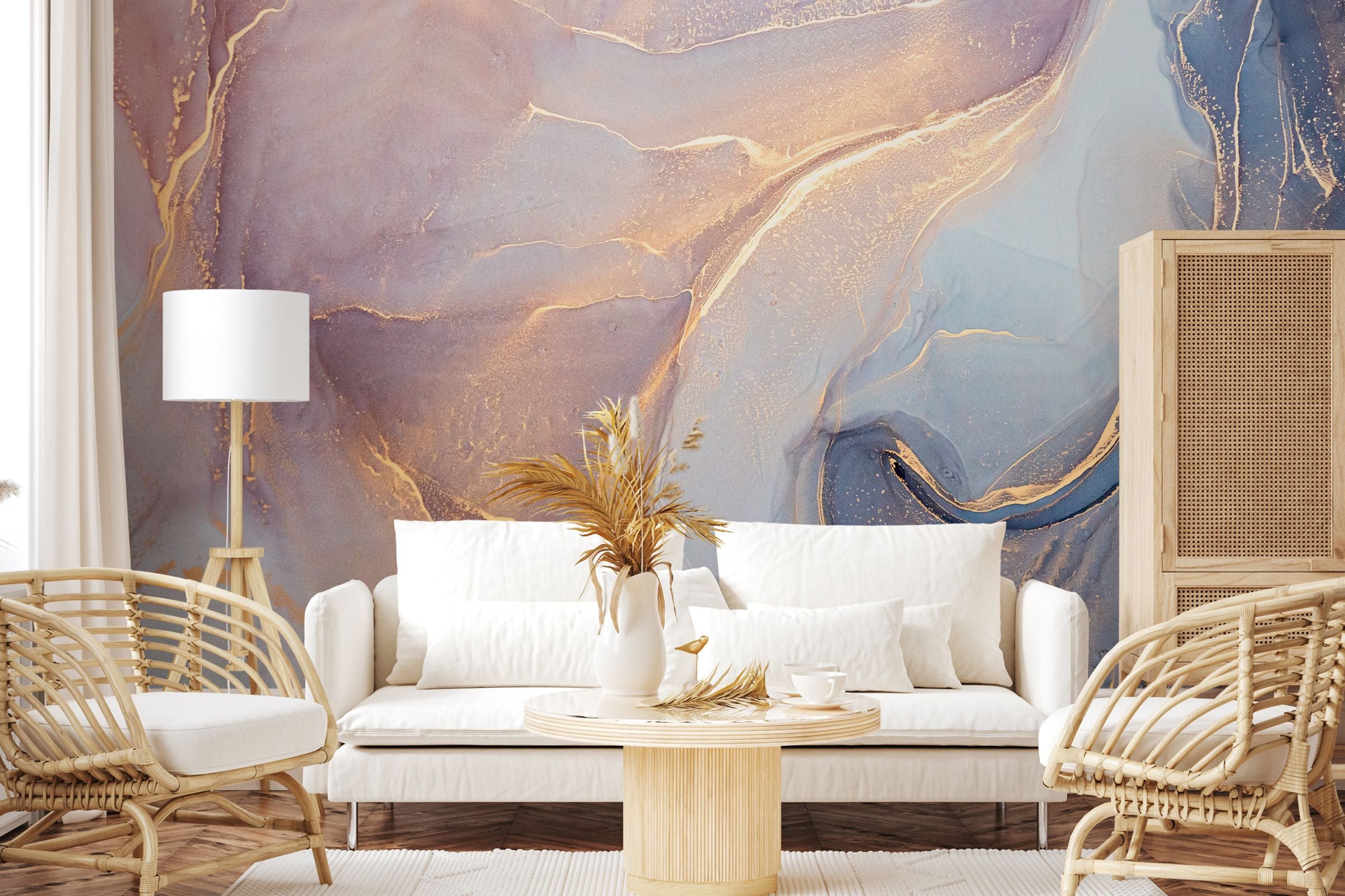a beautiful marbled wall mural in a living room