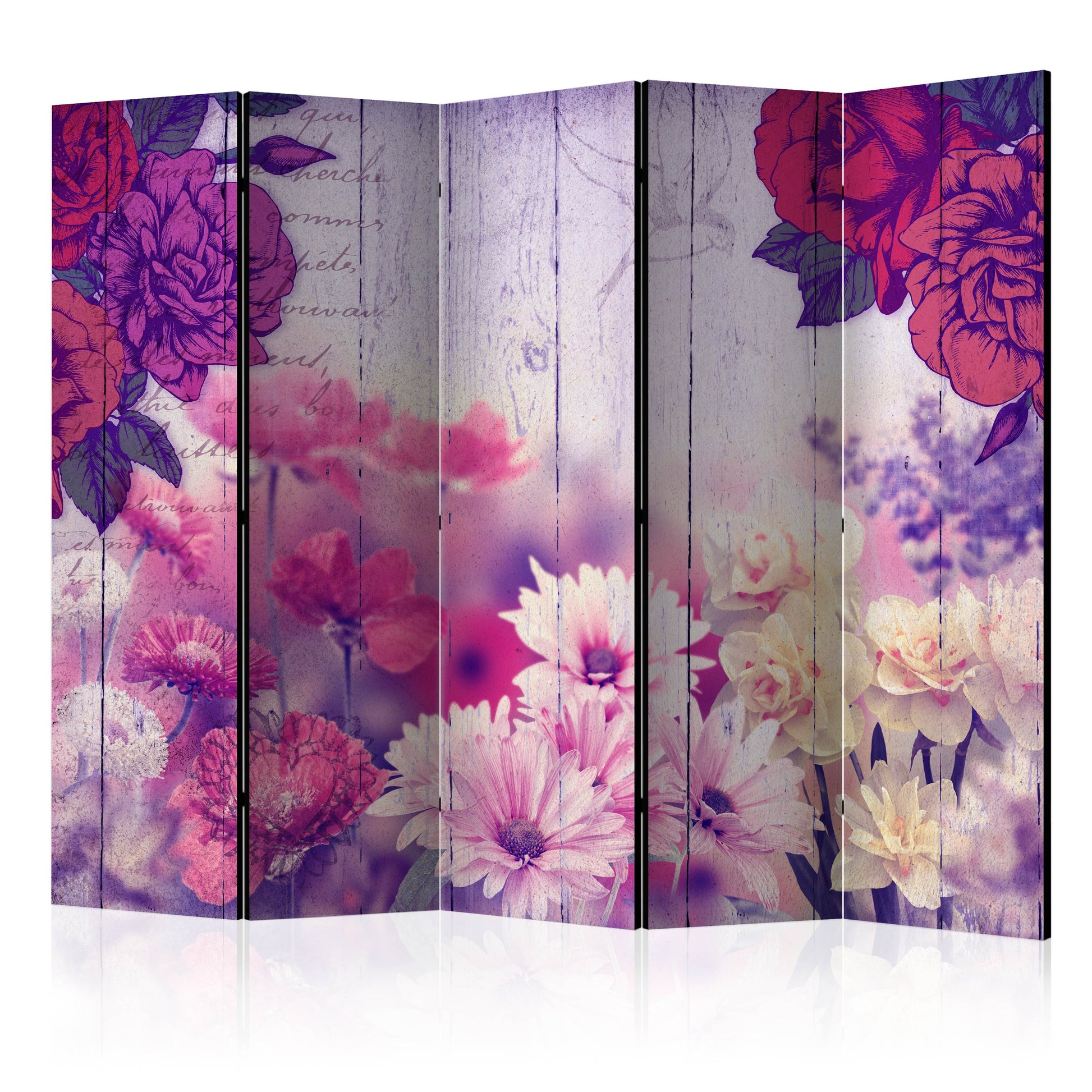 Room Divider - Flowers Memories II- A 5 Panel Folding Screen For Living rooms, bedrooms or home office, decorative folding screen made with wood and canvas