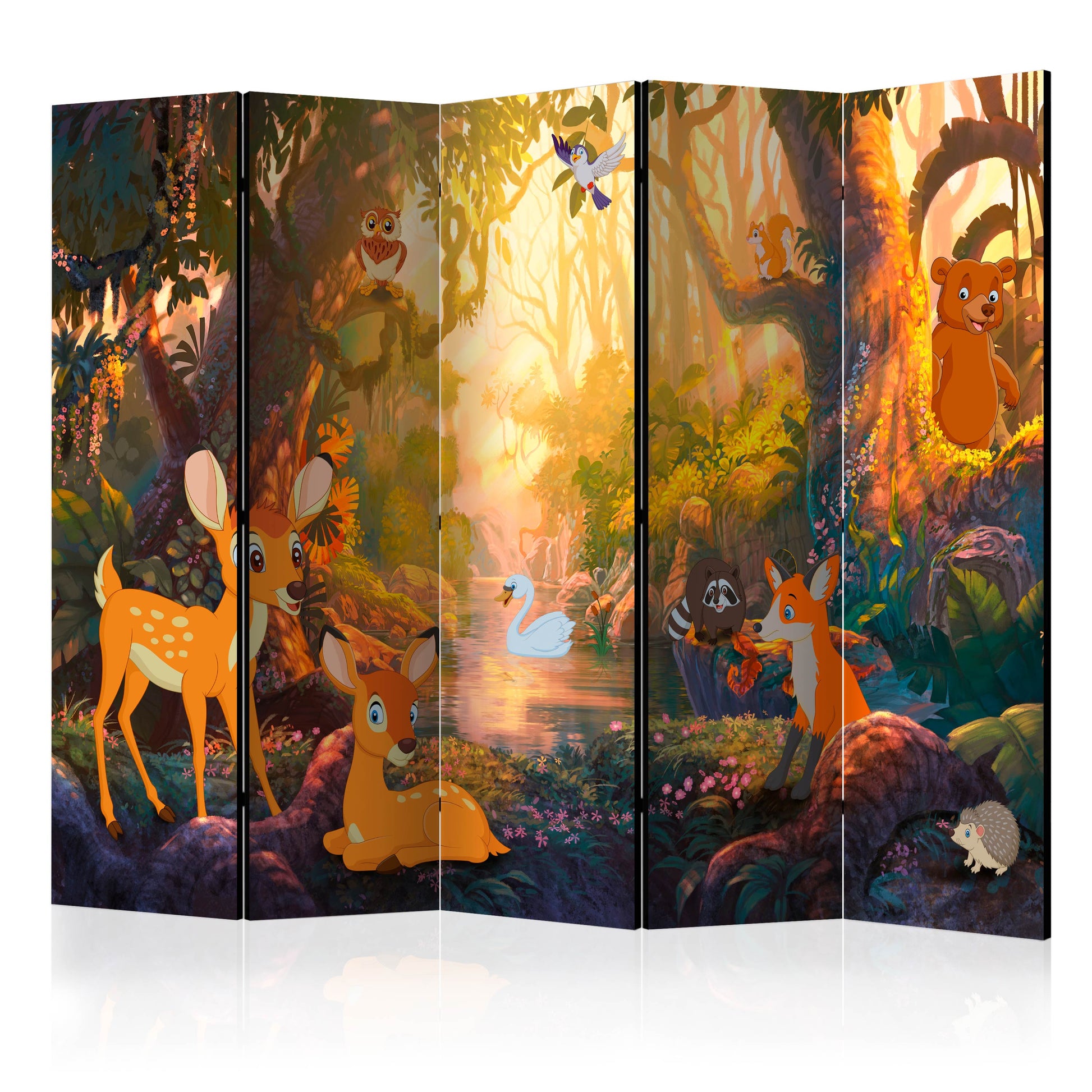 Room Divider - Animals in the Forest II- A 5 Panel Folding Screen For Living rooms, bedrooms or home office, decorative folding screen made with wood and canvas