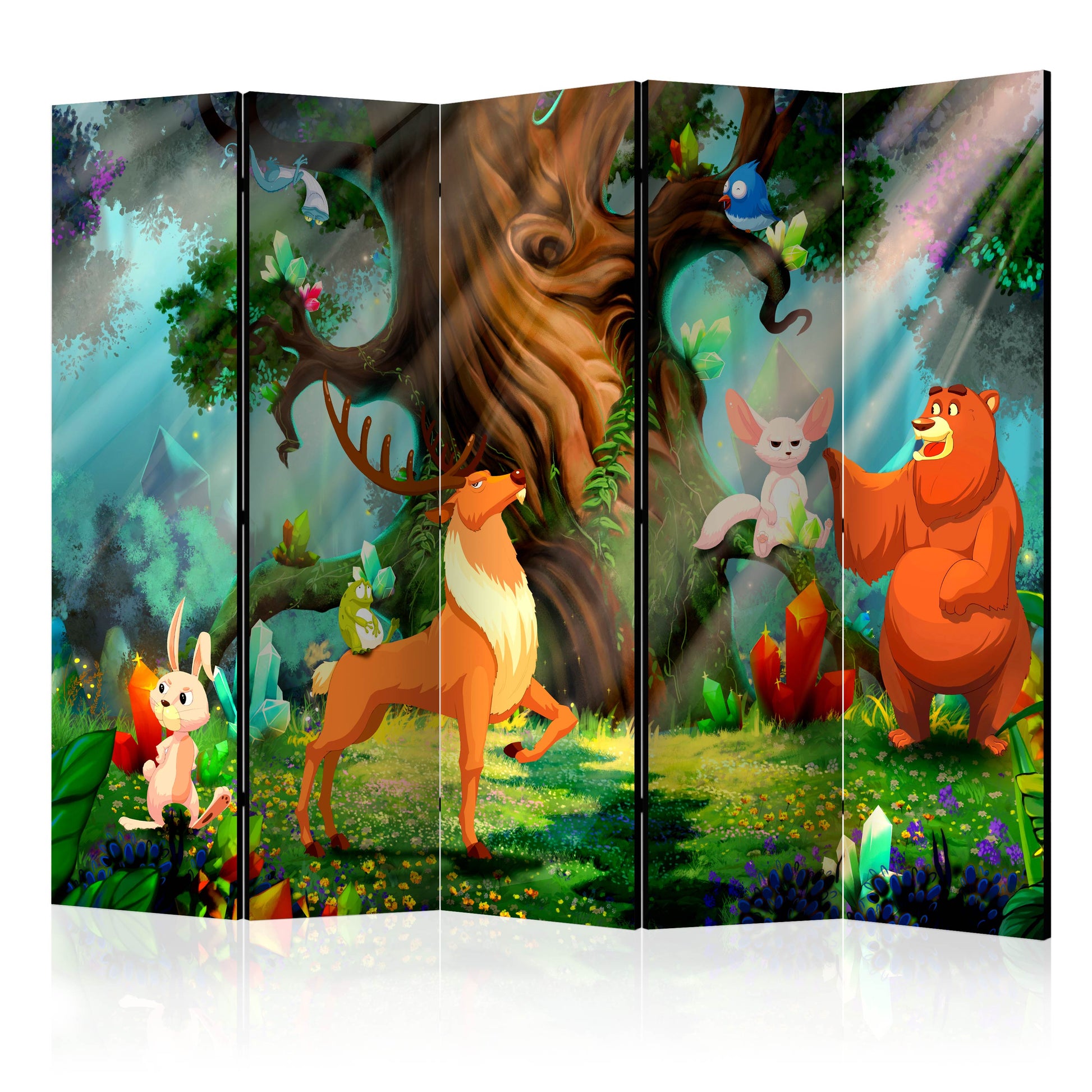 Room Divider - Bear and Friends II- A 5 Panel Folding Screen For Living rooms, bedrooms or home office, decorative folding screen made with wood and canvas