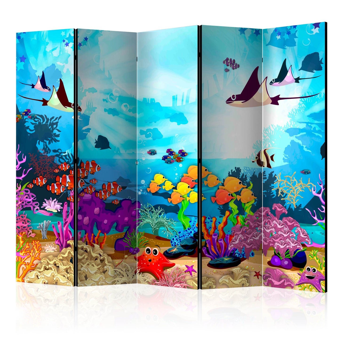 Room Divider - Underwater Fun II- A 5 Panel Folding Screen For Living rooms, bedrooms or home office, decorative folding screen made with wood and canvas