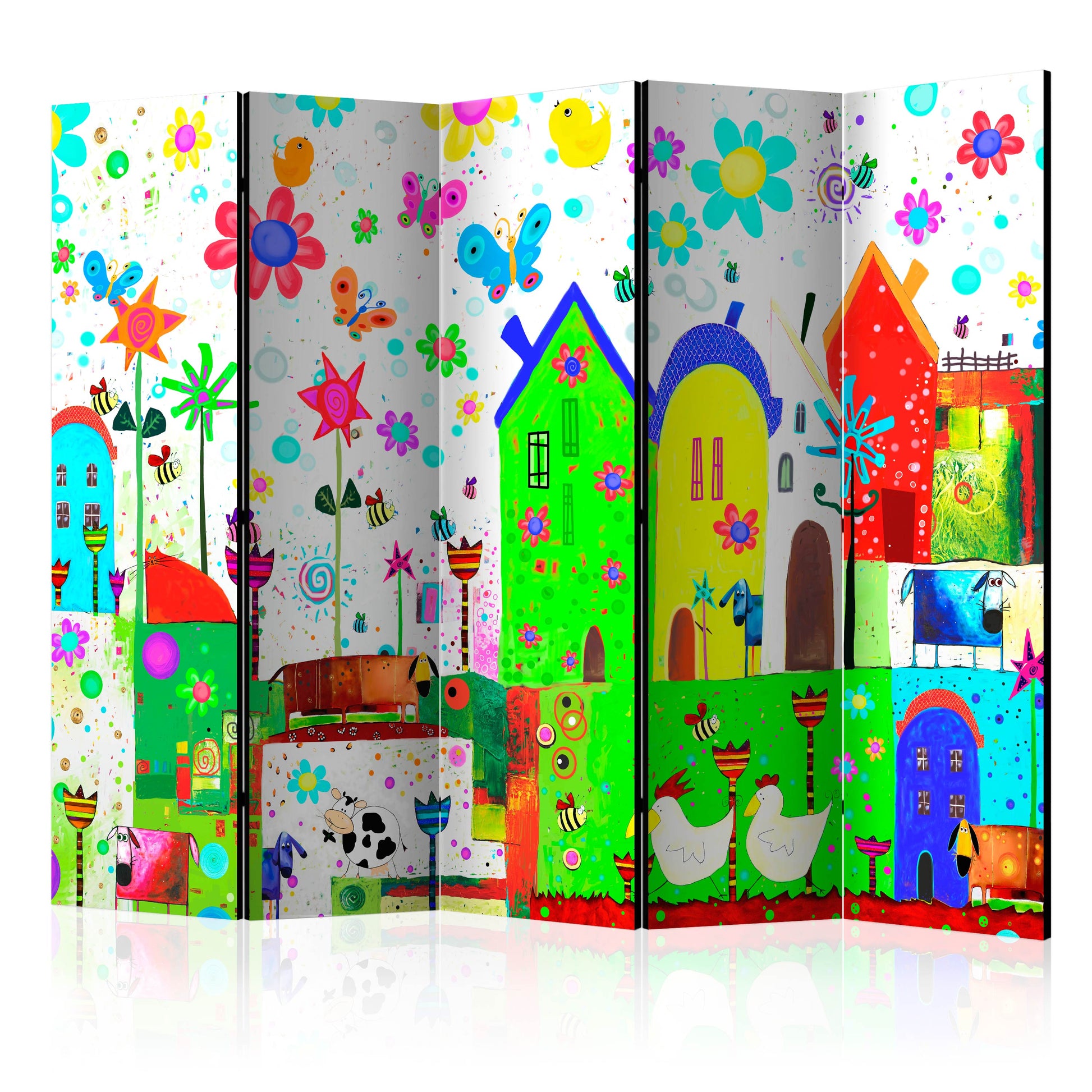 Room Divider - Happy farm II- A 5 Panel Folding Screen For Living rooms, bedrooms or home office, decorative folding screen made with wood and canvas