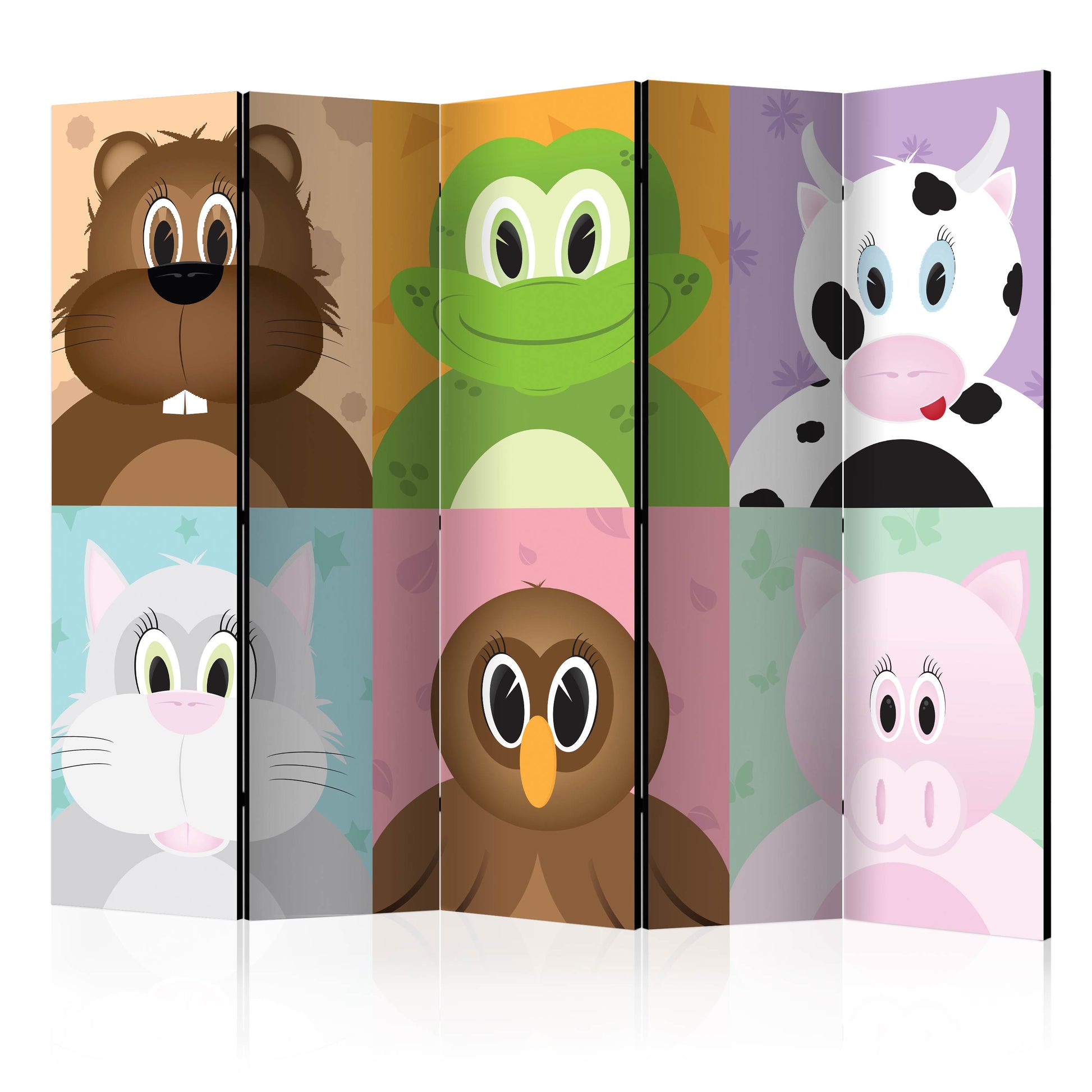 Room Divider - Cheerful animals II- A 5 Panel Folding Screen For Living rooms, bedrooms or home office, decorative folding screen made with wood and canvas