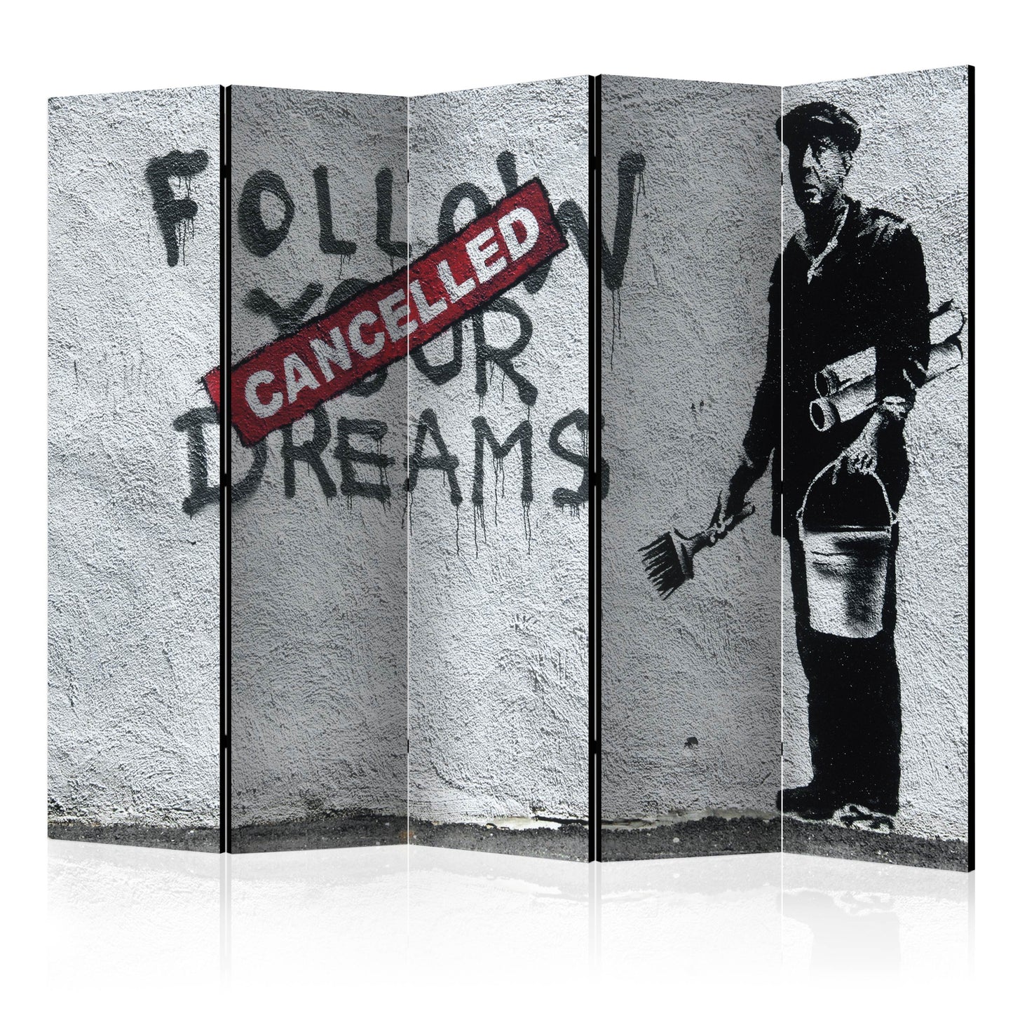 Room Divider - Dreams Cancelled (Banksy) II- A 5 Panel Folding Screen For Living rooms, bedrooms or home office, decorative folding screen made with wood and canvas