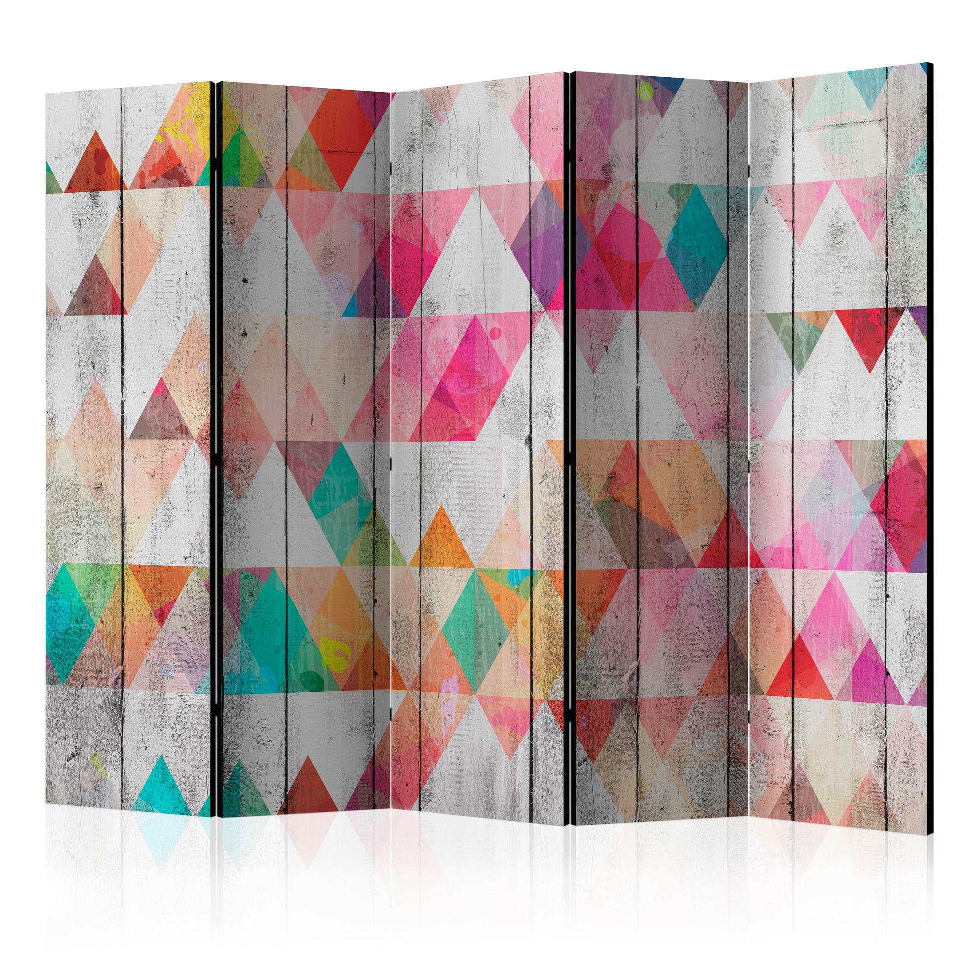 Room Divider - Rainbow Triangles II- A 5 Panel Folding Screen For Living rooms, bedrooms or home office, decorative folding screen made with wood and canvas