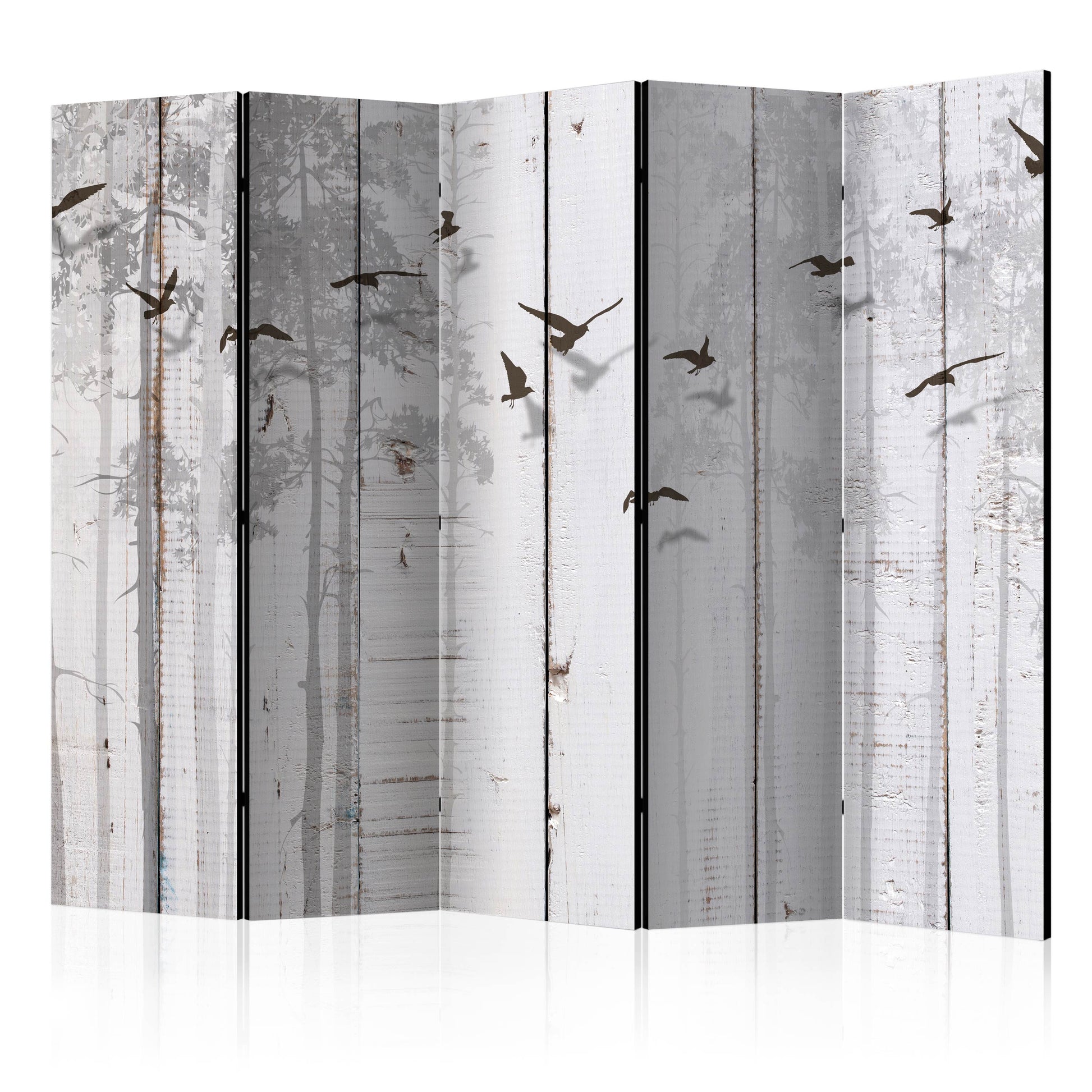 Room Divider - Birds on Boards II- A 5 Panel Folding Screen For Living rooms, bedrooms or home office, decorative folding screen made with wood and canvas