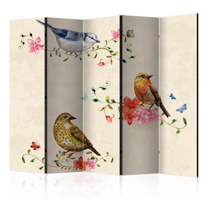 Room Divider - Bird Song II- A 5 Panel Folding Screen For Living rooms, bedrooms or home office, decorative folding screen made with wood and canvas