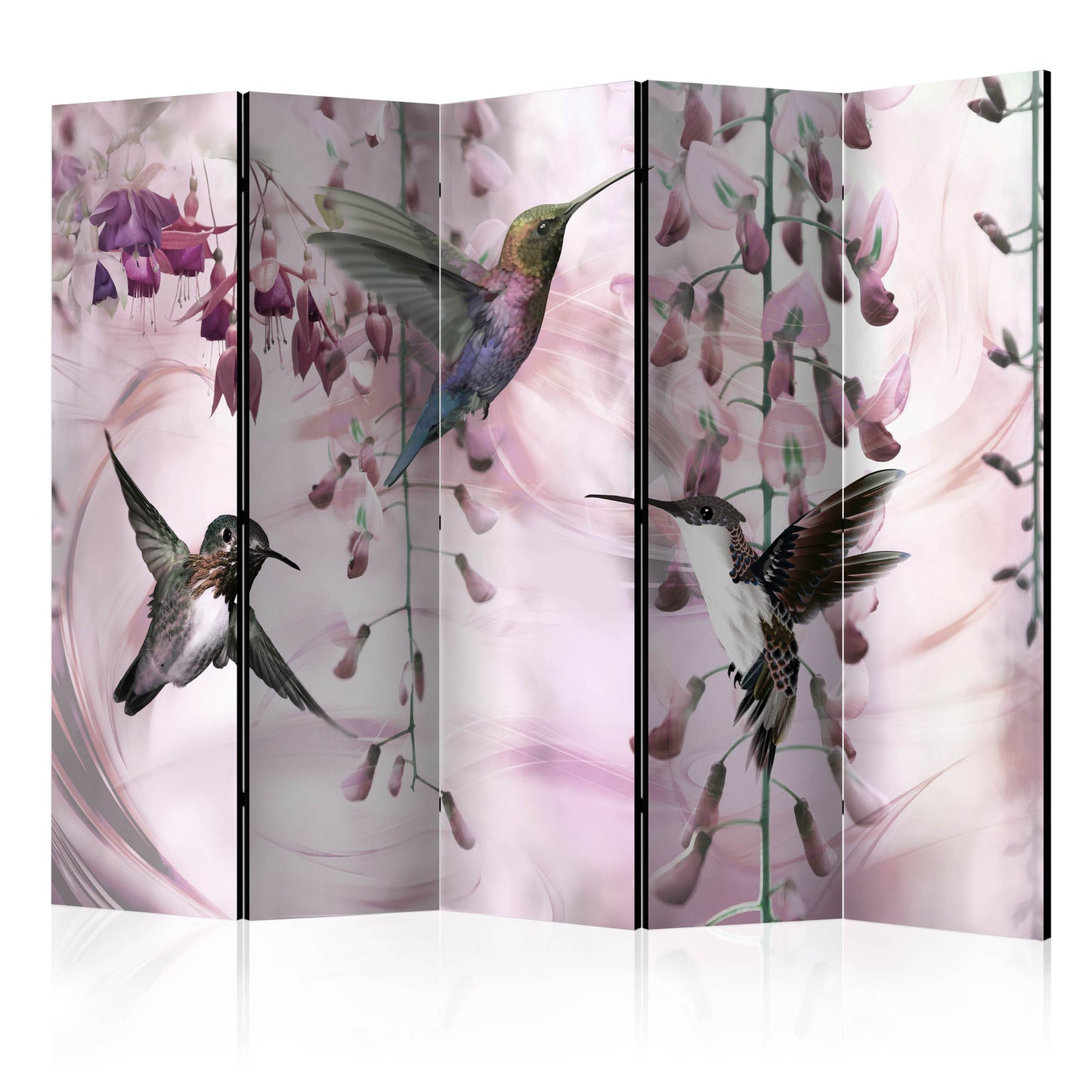 Room Divider - Flying Hummingbirds (Pink) II- A 5 Panel Folding Screen For Living rooms, bedrooms or home office, decorative folding screen made with wood and canvas