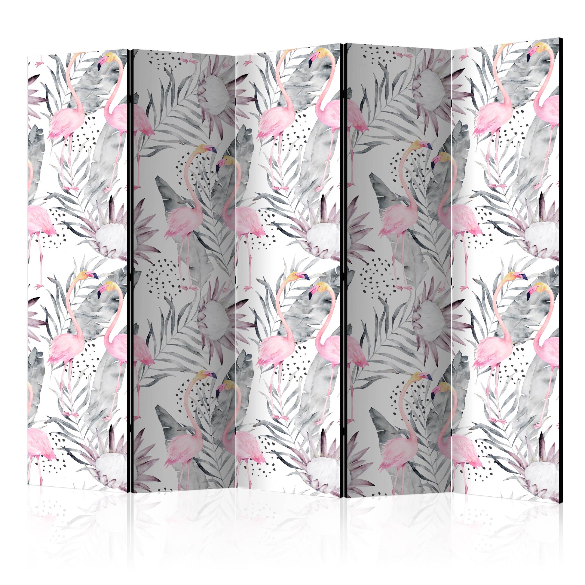 Room Divider - Flamingos and Twigs II- A 5 Panel Folding Screen For Living rooms, bedrooms or home office, decorative folding screen made with wood and canvas