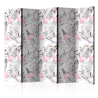 Room Divider - Flamingos and Twigs II- A 5 Panel Folding Screen For Living rooms, bedrooms or home office, decorative folding screen made with wood and canvas