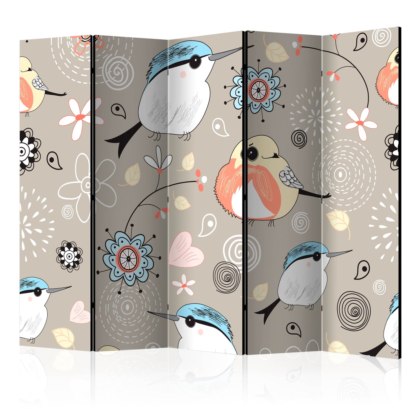 Room Divider - Natural pattern with birds II- A 5 Panel Folding Screen For Living rooms, bedrooms or home office, decorative folding screen made with wood and canvas