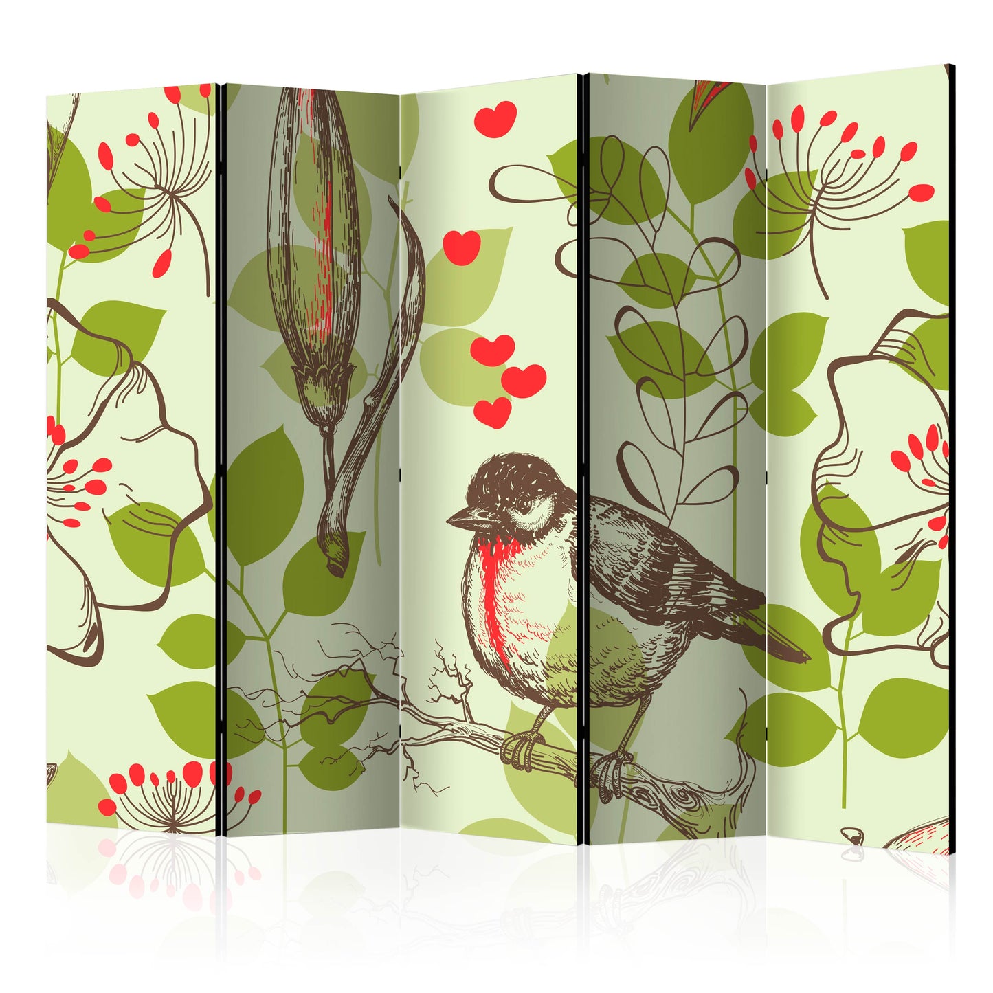 Room Divider - Bird and lilies vintage pattern II- A 5 Panel Folding Screen For Living rooms, bedrooms or home office, decorative folding screen made with wood and canvas