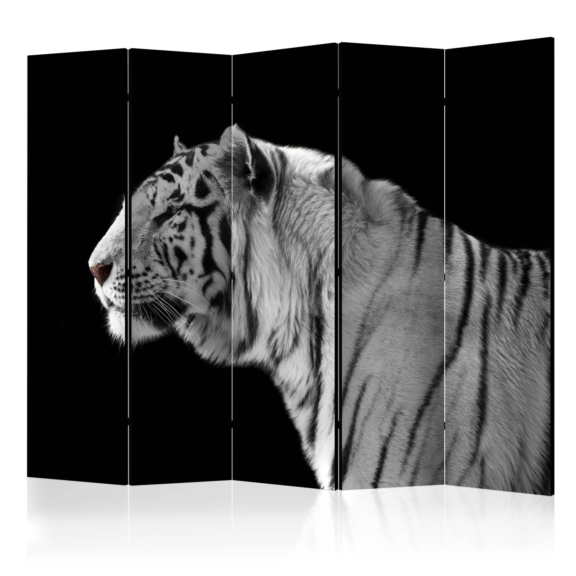 Room Divider - White tiger II- A 5 Panel Folding Screen For Living rooms, bedrooms or home office, decorative folding screen made with wood and canvas