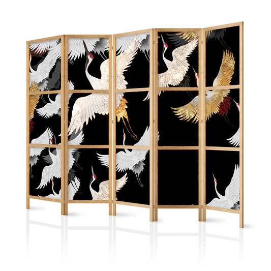 Shoji room Divider - Japanese Room Divider - Cranes at Night - Golden-White Birds Flying Away on a Black Background - ArtfulPrivacy