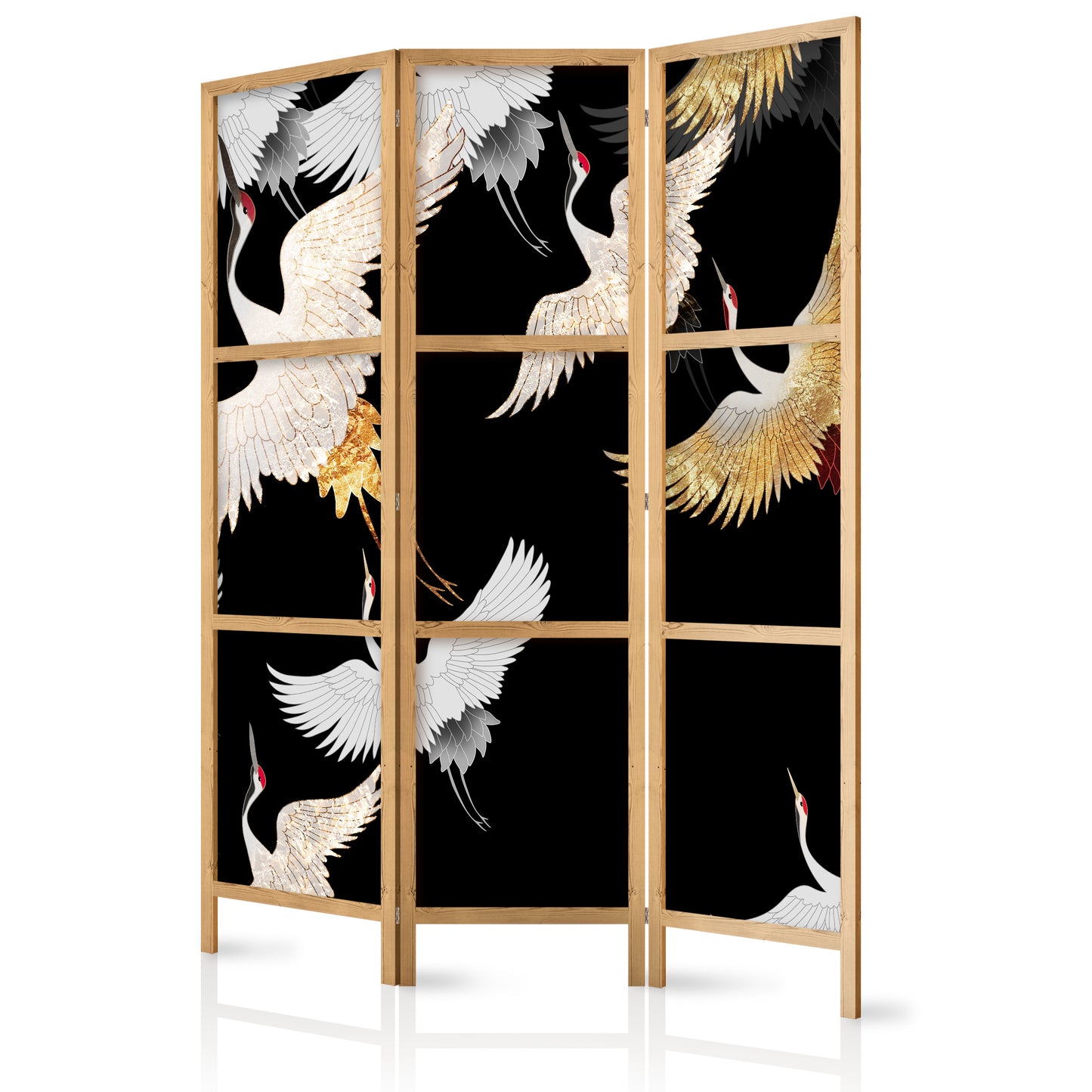 Shoji room Divider - Japanese Room Divider - Cranes at Night - White and Gold Birds Flying Away on a Black Background - ArtfulPrivacy