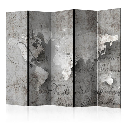 Room Divider - Map and letter II- A 5 Panel Folding Screen For Living rooms, bedrooms or home office, decorative folding screen made with wood and canvas