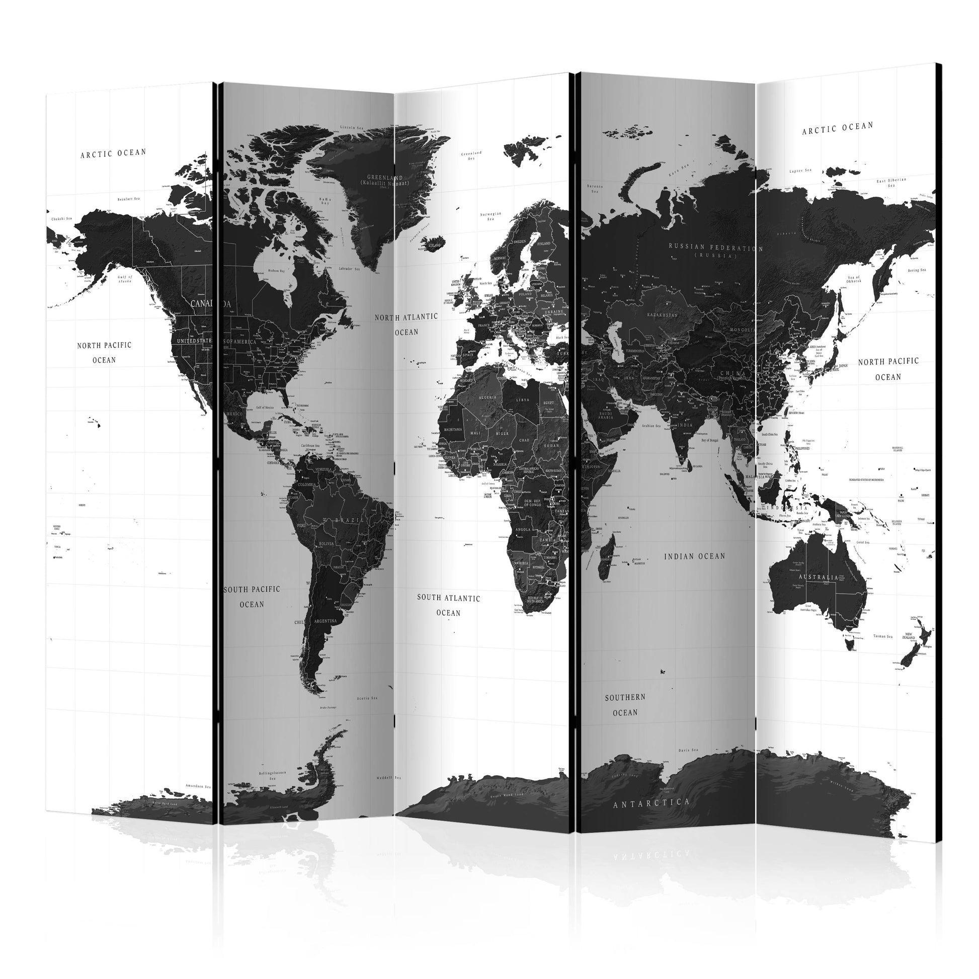 Room Divider - Black and White Map II- A 5 Panel Folding Screen For Living rooms, bedrooms or home office, decorative folding screen made with wood and canvas