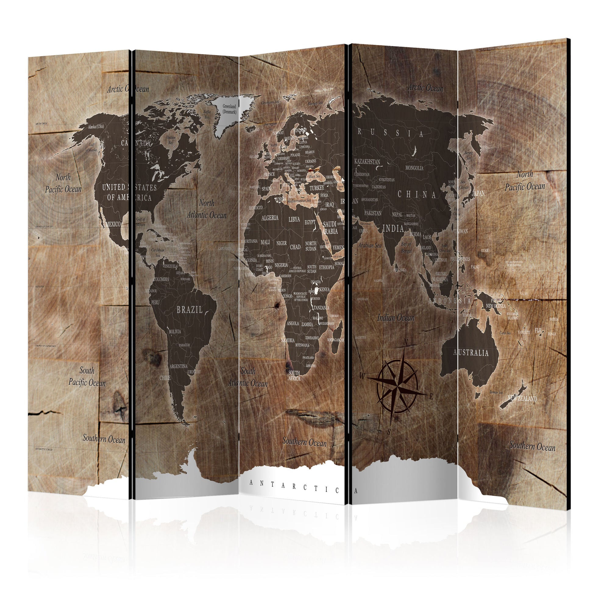 Room Divider - Map on the wood- A 5 Panel Folding Screen For Living rooms, bedrooms or home office, decorative folding screen made with wood and canvas