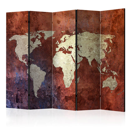 Room Divider - Iron continents II- A 5 Panel Folding Screen For Living rooms, bedrooms or home office, decorative folding screen made with wood and canvas