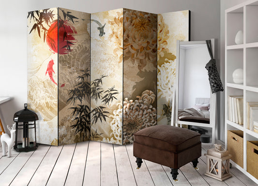 Room Divider - Fish Dance II- A 5 Panel Folding Screen For Living rooms, bedrooms or home office, decorative folding screen made with wood and canvas