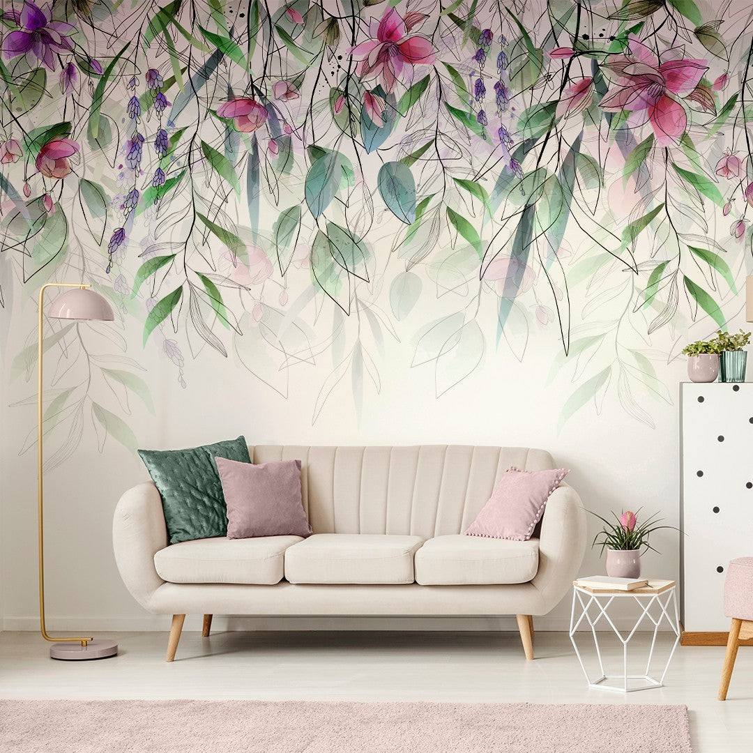 a floral wallpaper with feng shui design of flowers, you can see curved decoration that achieve the look: a cozy sofa, a curved table and a curved lamp