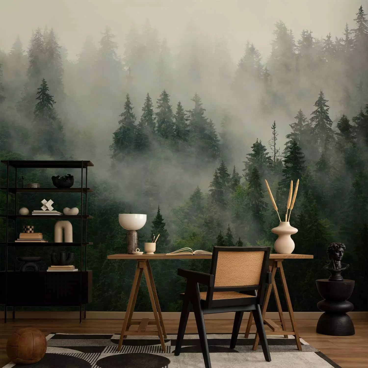 a nature inspired wall mural in a living room