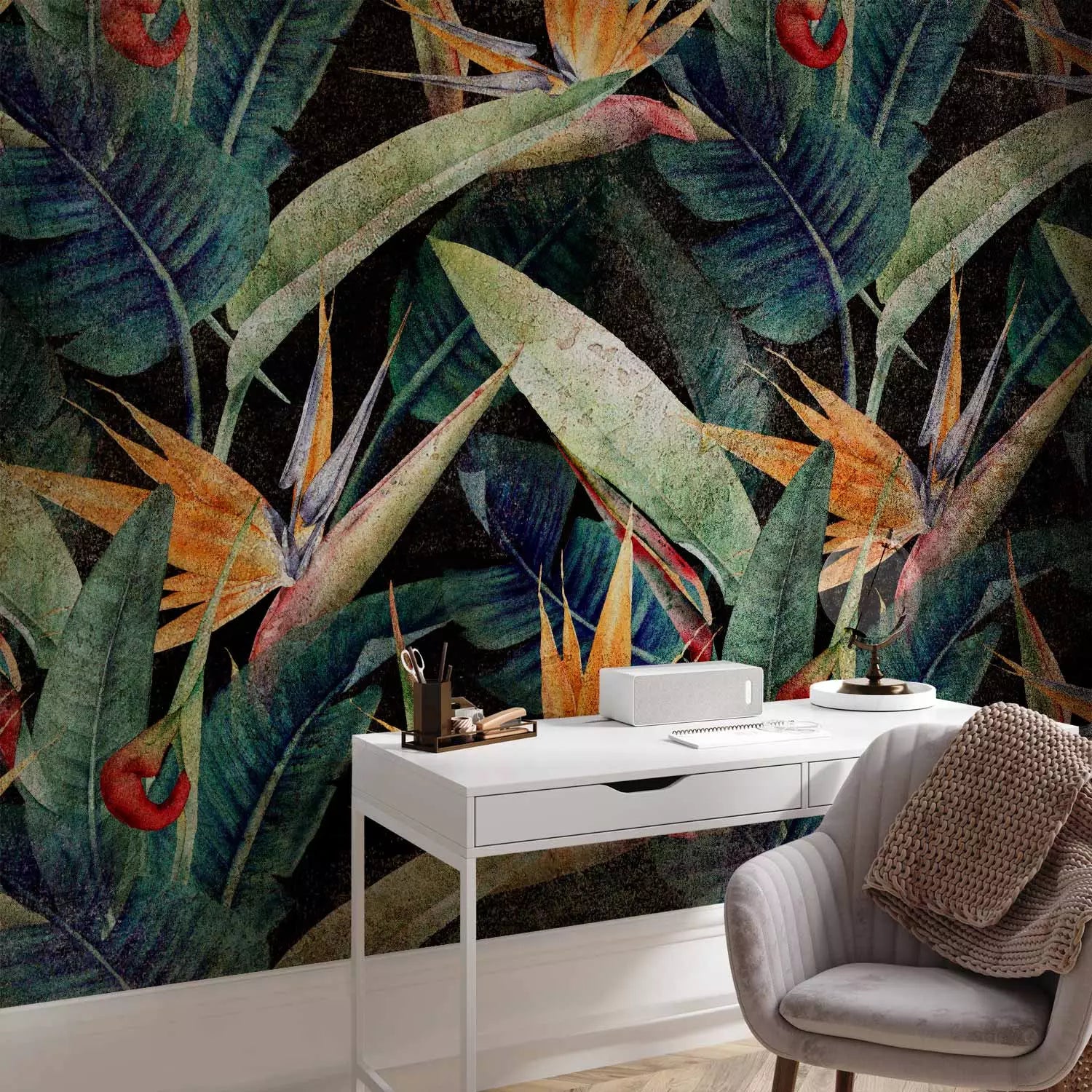 a tropical style mural wallpaper in a home office setting
