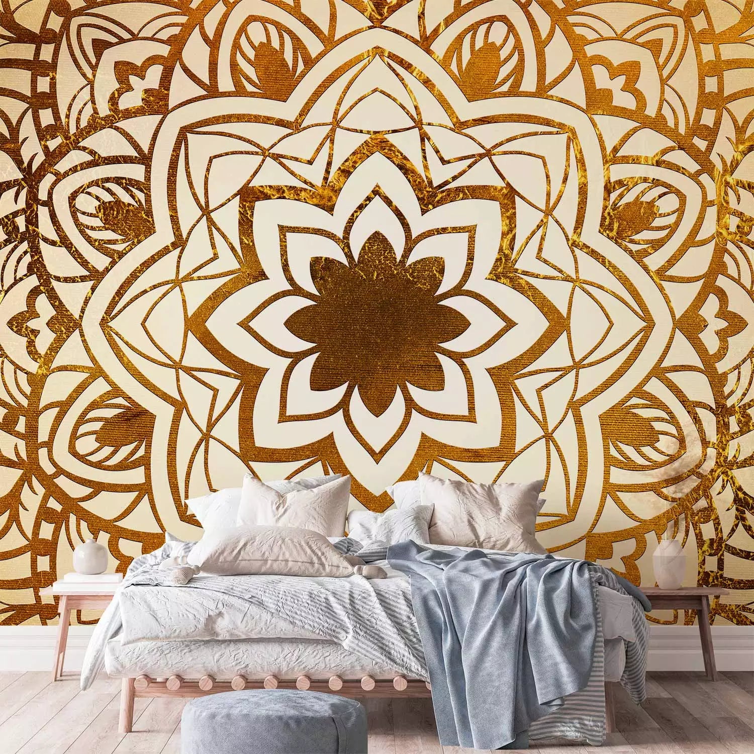a stunning oriental mandala in shades of beige and brown in the bedroom
