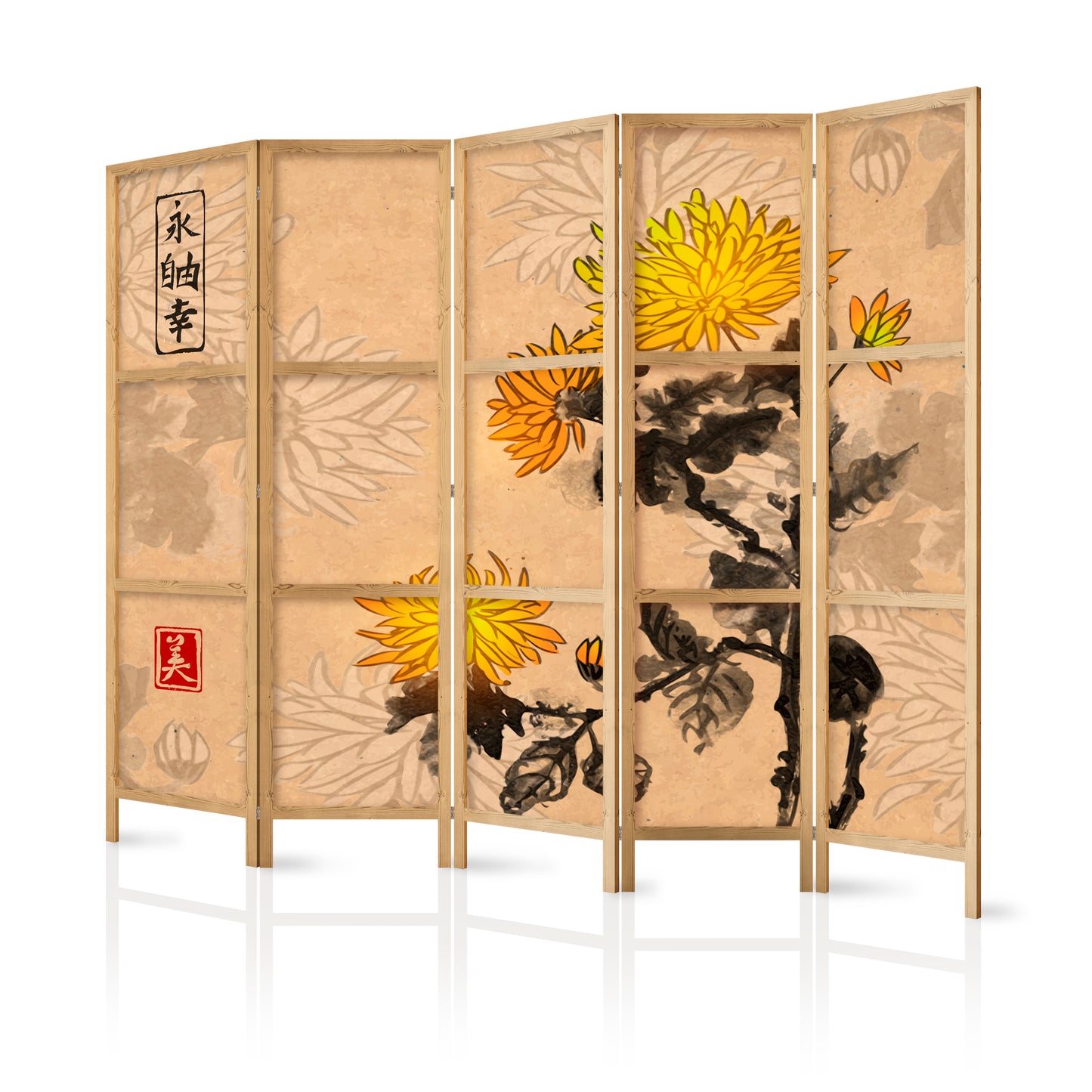 Shoji room Divider - Japanese Room Divider - Style: Chrysanthemums II - ArtfulPrivacy