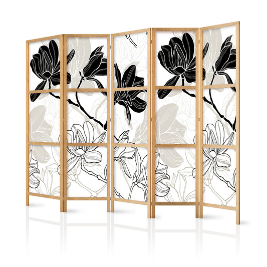 Shoji room Divider - Japanese Room Divider - Black and White Flowers II - ArtfulPrivacy