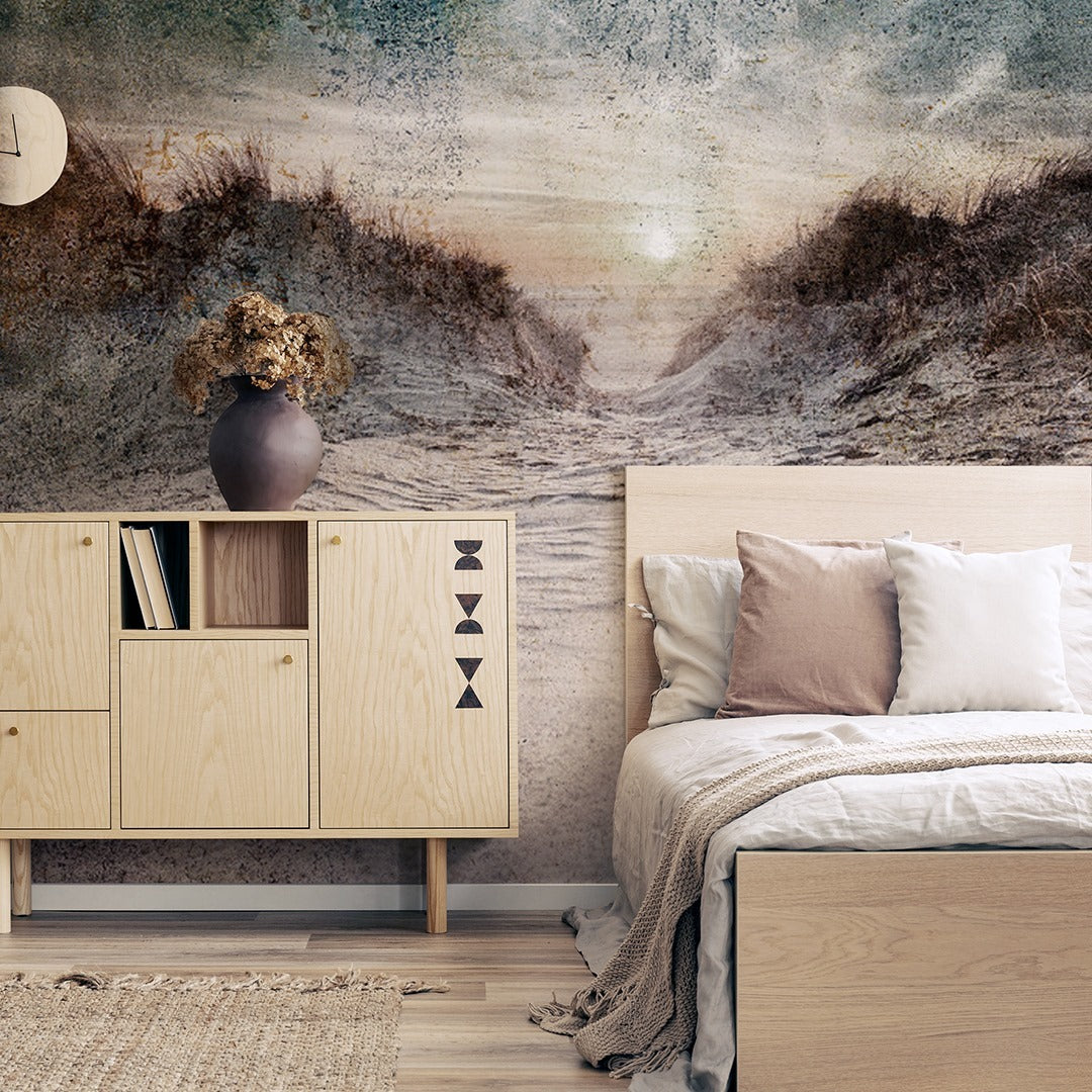 A designer wallpaper placed in a bedroom, the wallpaper design have a oil painting vibe to it and gave a farmhouse charm to the bedroom