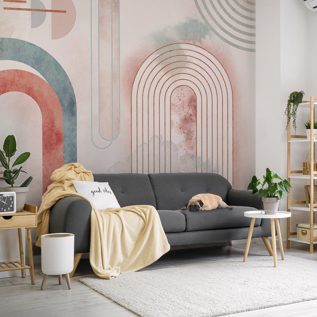 geometric wallpaper mural for the living room with a cute pug laying down on a grey sofa