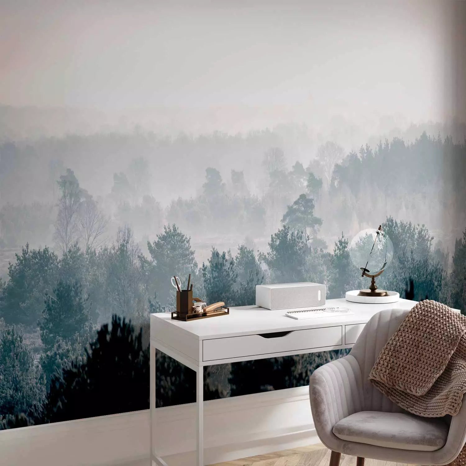 blue winter forest wall mural in an office setting