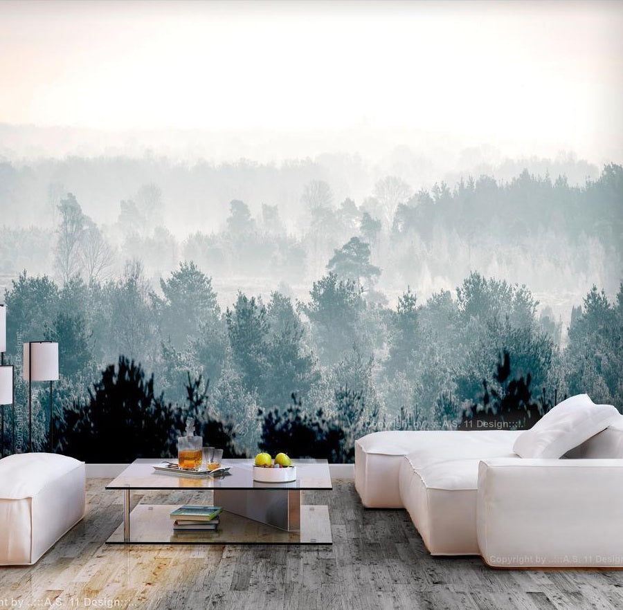 winter forest wall mural in a living room